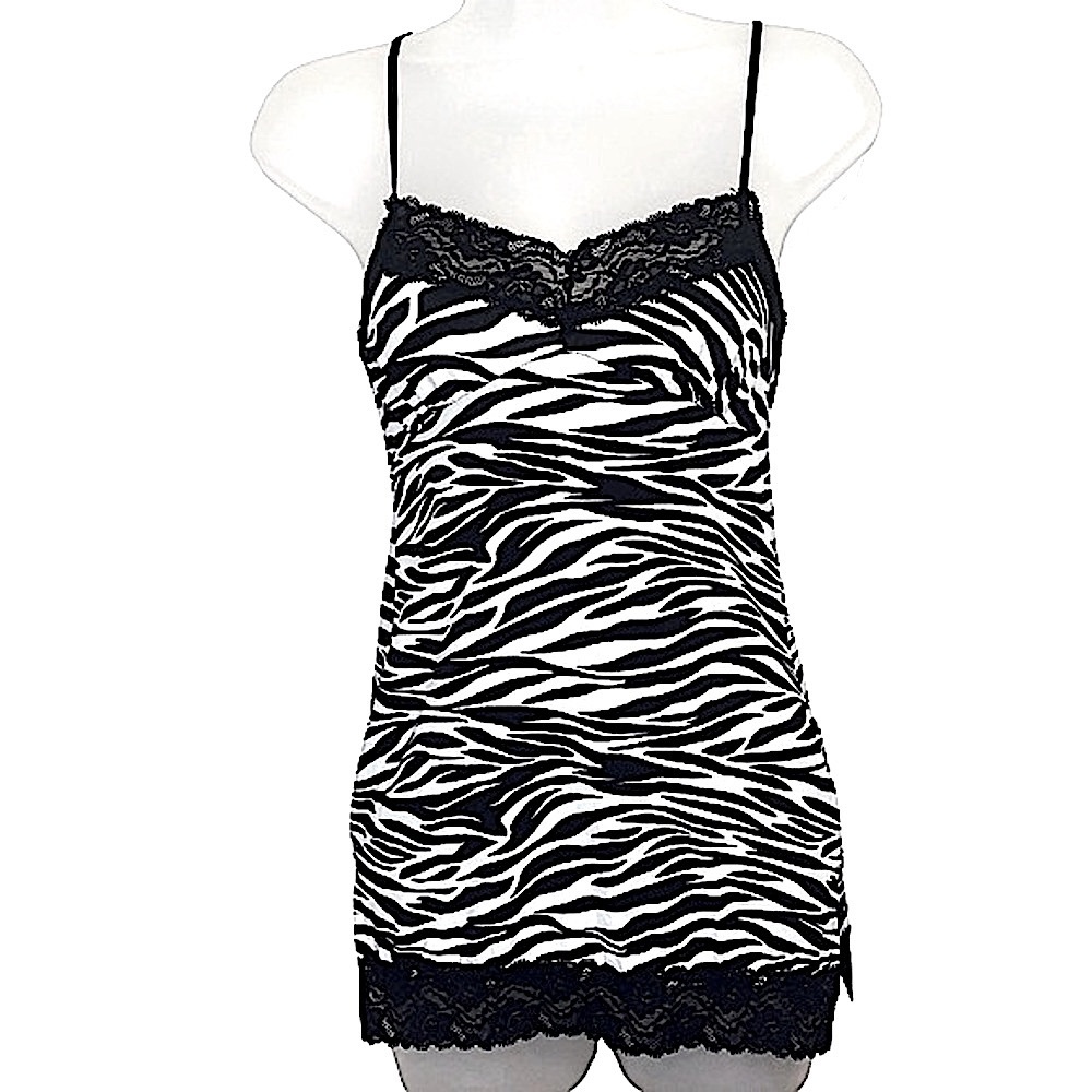 Y2K Love Culture Lace Trim Animal Print Zebra Tank Top Black White Small Vintage